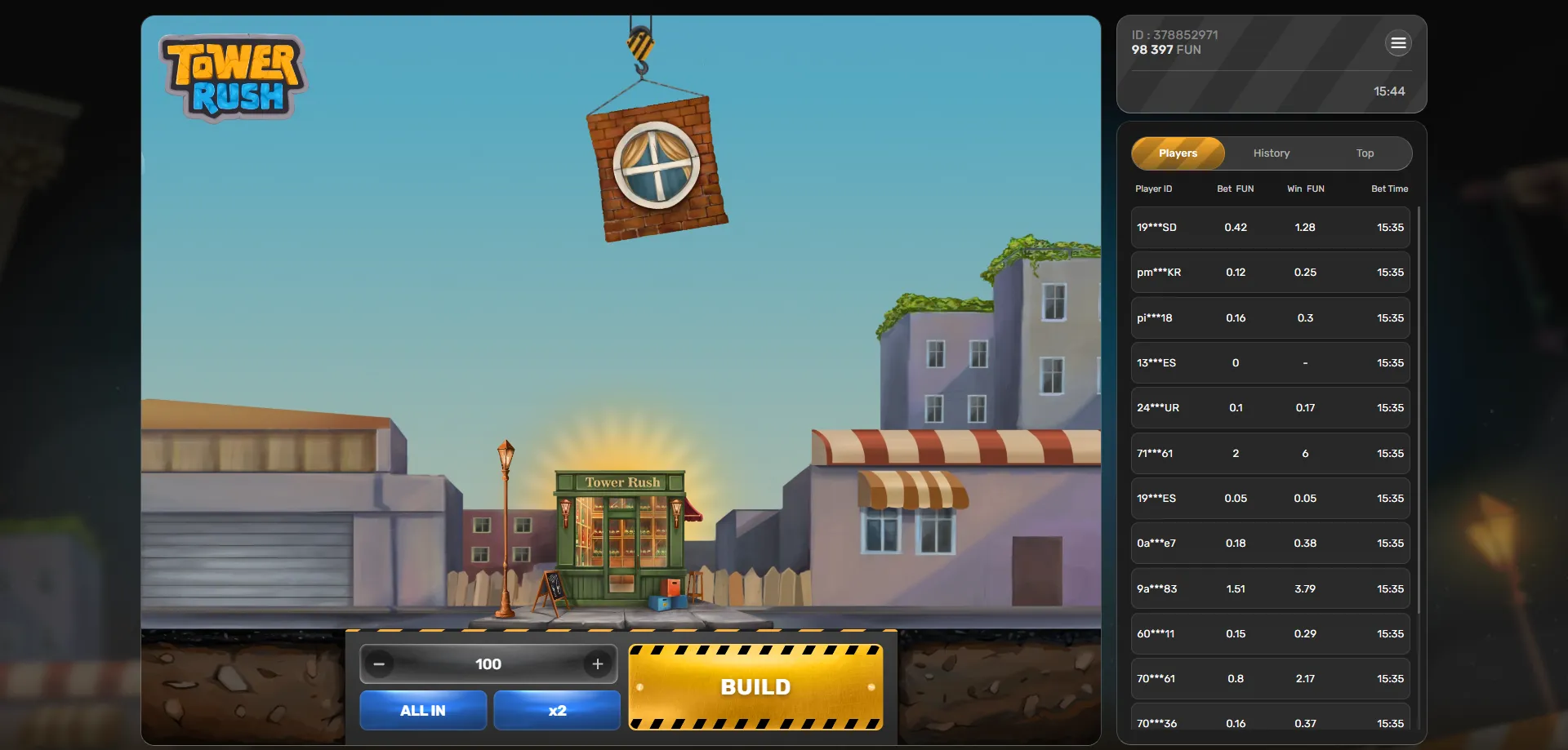 Tower Rush crash game Galaxsys — empilement de blocs et multiplicateurs